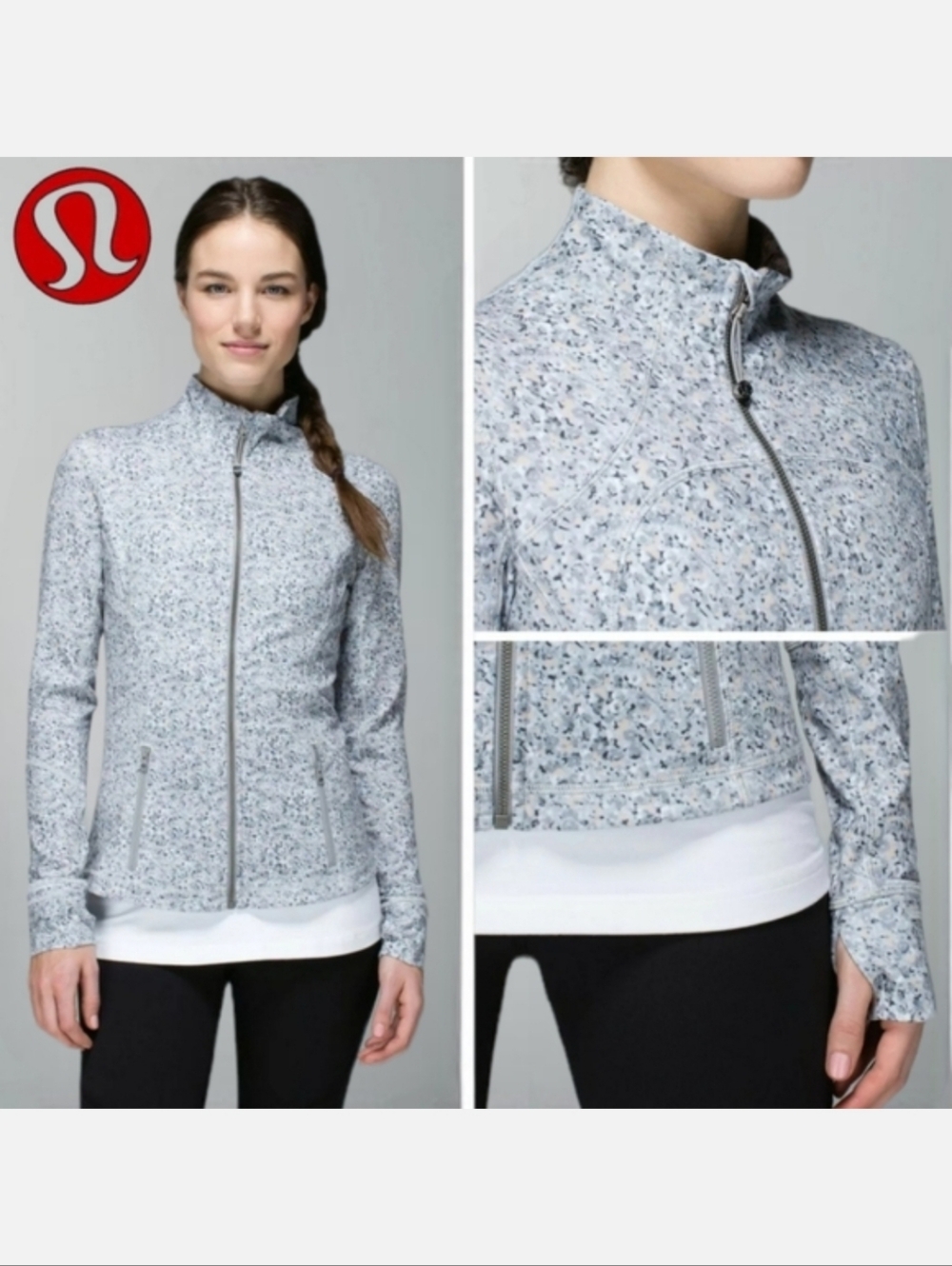 Lululemon Forme Jacket Zip Front Grey Petite Fleur Silver Spoon Spec Print Sz 6